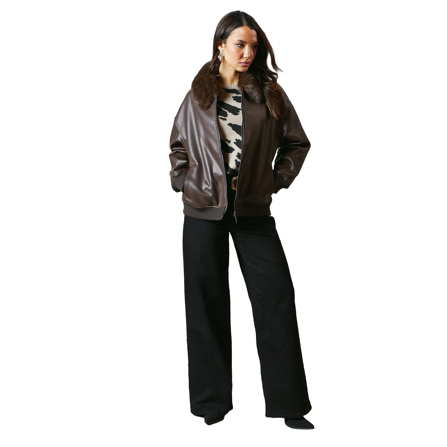 Chocolate - Side - Principles Womens-Ladies Leather Faux Fur Collar Bomber Jacket