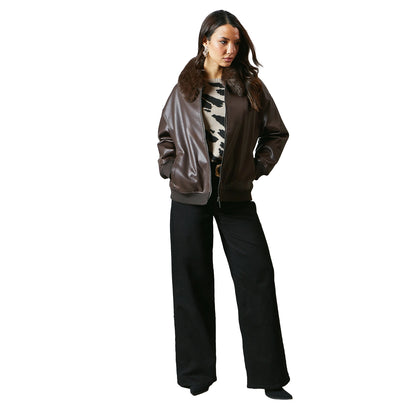 Chocolate - Side - Principles Womens-Ladies Leather Faux Fur Collar Bomber Jacket