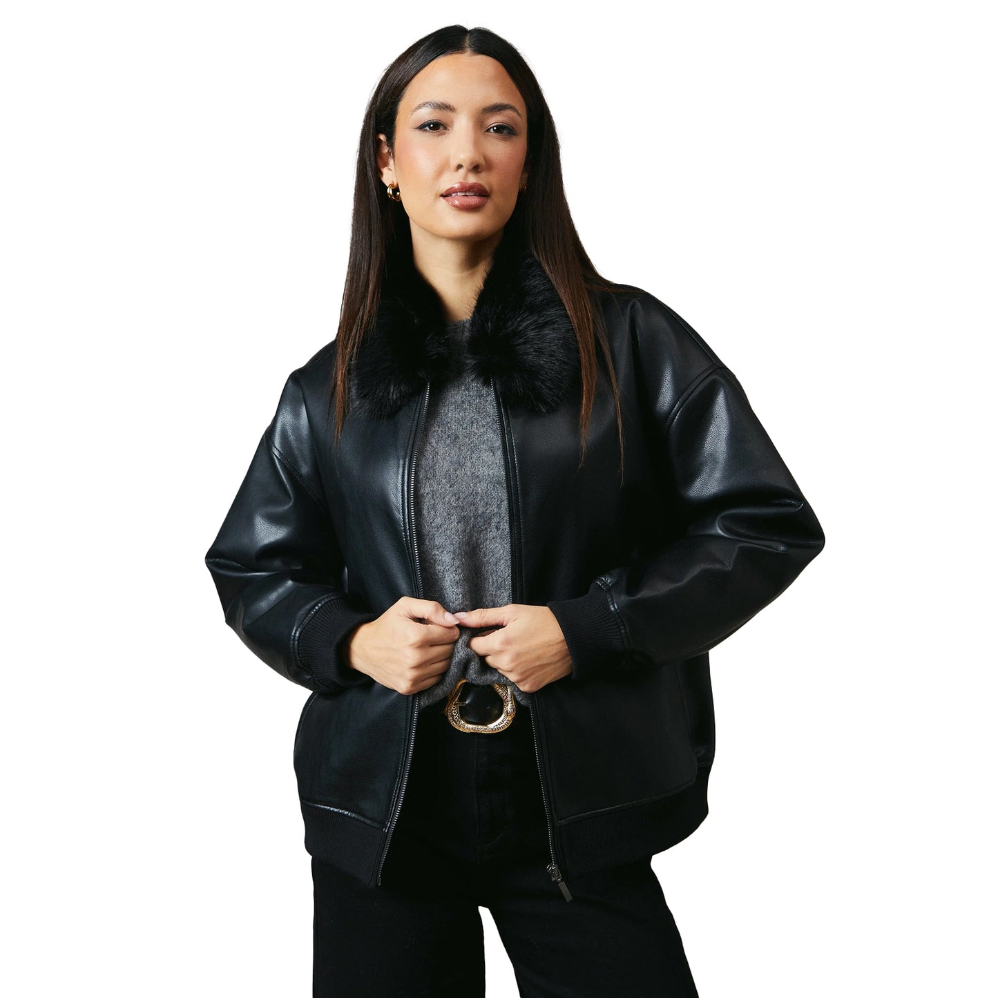Black - Front - Principles Womens-Ladies Leather Faux Fur Collar Bomber Jacket