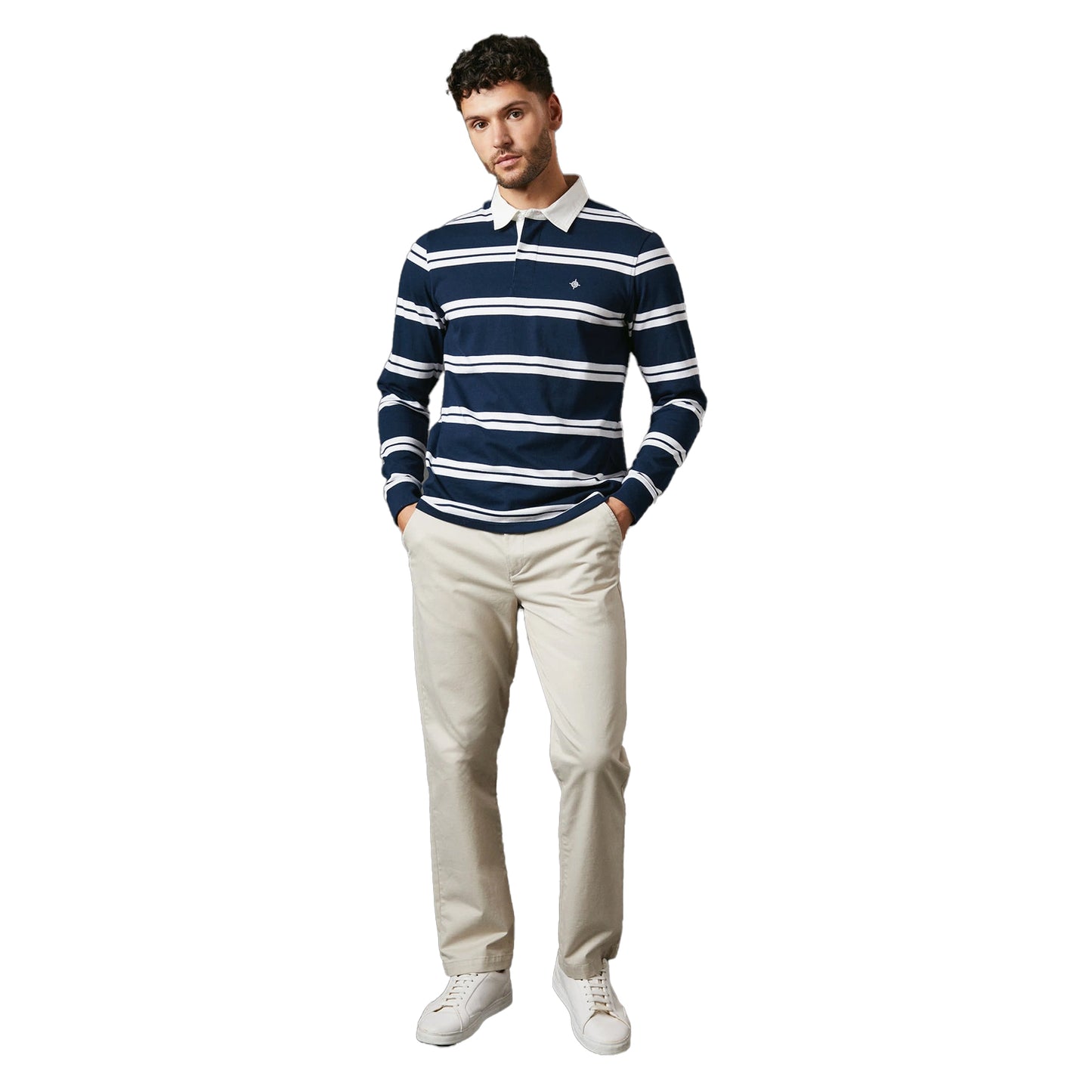 Blue - Side - Maine Mens Milton Stripe Rugby Style T-Shirt