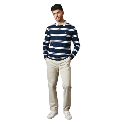 Blue - Side - Maine Mens Milton Stripe Rugby Style T-Shirt