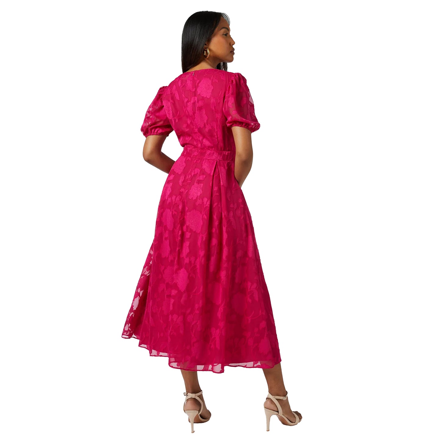 Pink - Back - Principles Womens-Ladies Floral Jacquard Puff Sleeve Midi Dress