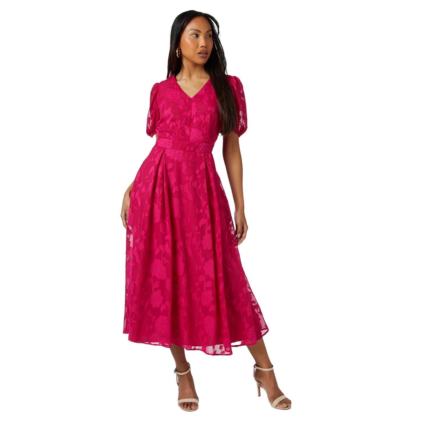 Pink - Lifestyle - Principles Womens-Ladies Floral Jacquard Puff Sleeve Midi Dress