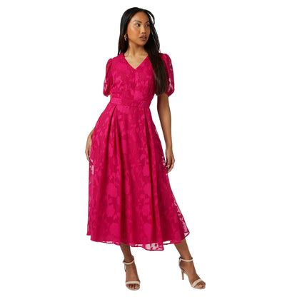 Pink - Lifestyle - Principles Womens-Ladies Floral Jacquard Puff Sleeve Midi Dress