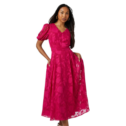 Pink - Pack Shot - Principles Womens-Ladies Floral Jacquard Puff Sleeve Midi Dress