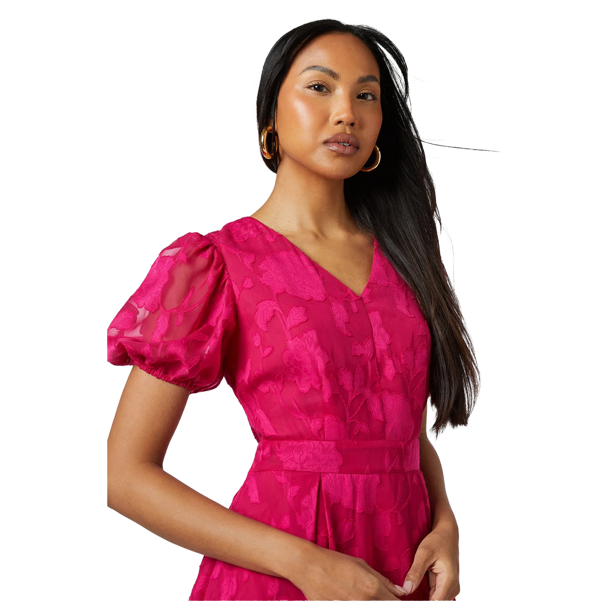 Pink - Side - Principles Womens-Ladies Floral Jacquard Puff Sleeve Midi Dress