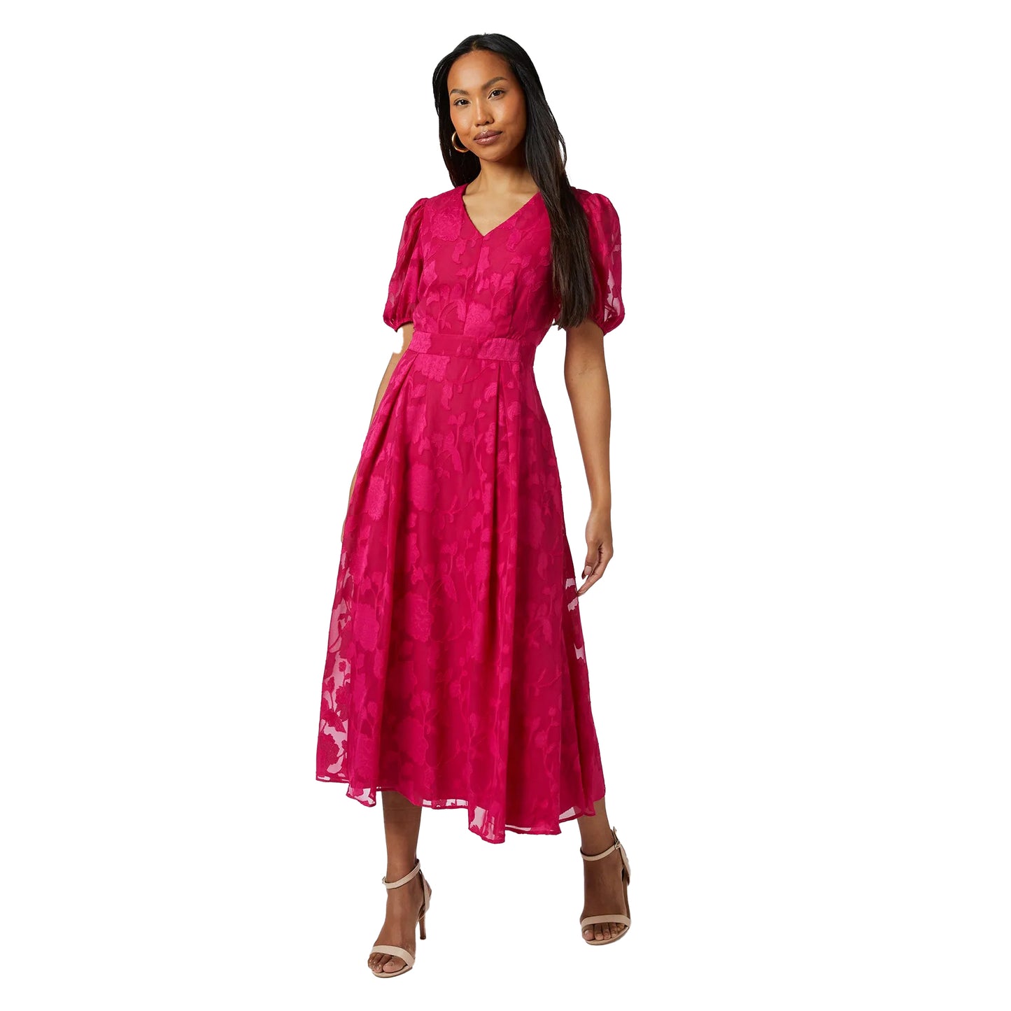 Pink - Front - Principles Womens-Ladies Floral Jacquard Puff Sleeve Midi Dress