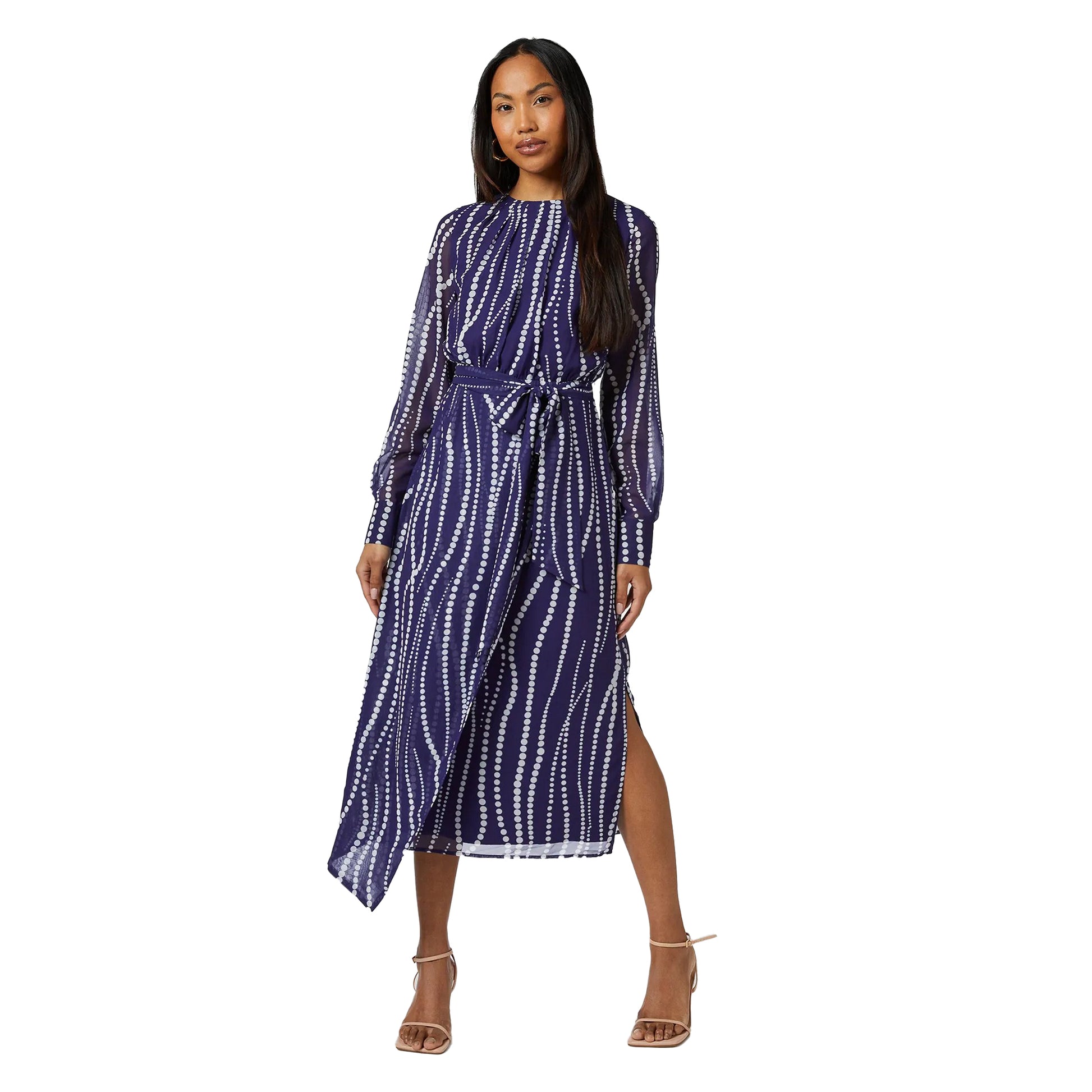 Navy - Side - Principles Womens-Ladies Spotted Draped Midi Dress