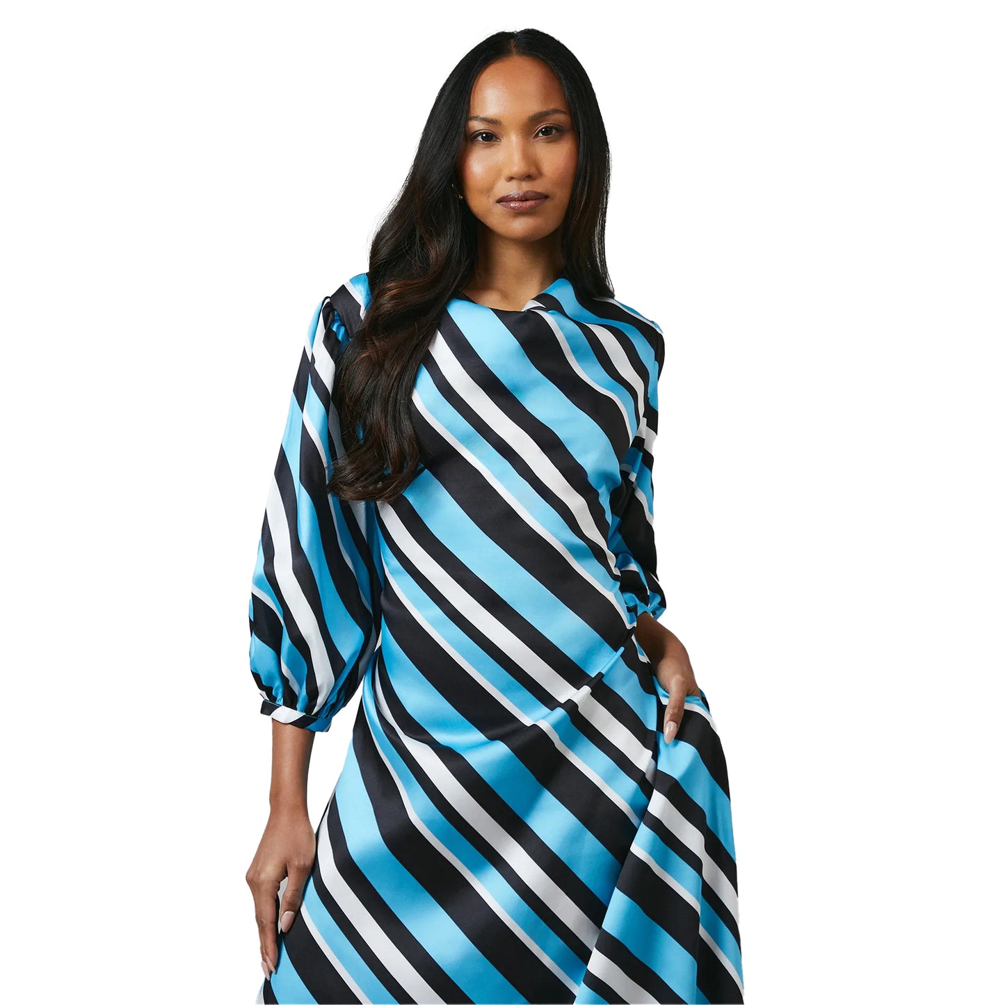 Blue - Pack Shot - Principles Womens-Ladies Printed Cowl Neck 3-4 Sleeve Midi Dress