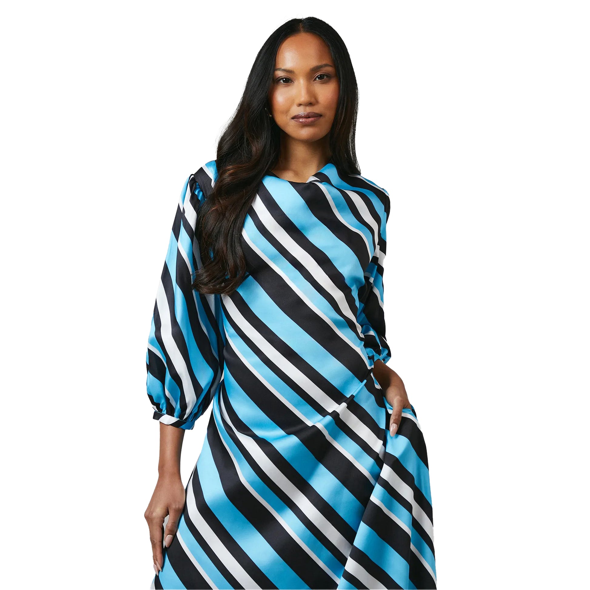 Blue - Pack Shot - Principles Womens-Ladies Printed Cowl Neck 3-4 Sleeve Midi Dress