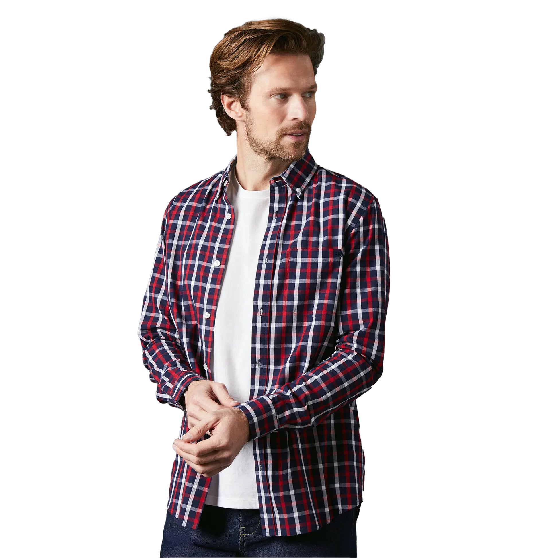 Red - Pack Shot - Maine Mens Tattersall Check Long-Sleeved Shirt
