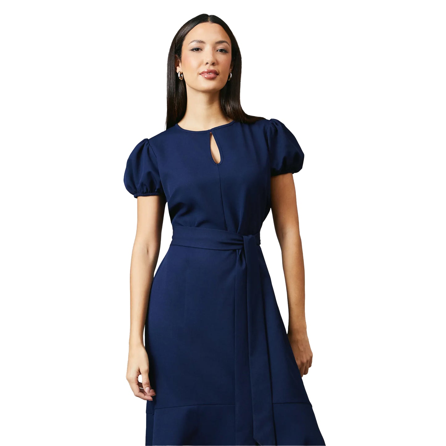 Navy - Pack Shot - Principles Womens-Ladies Piping Detail Puff Sleeve Midi Dress