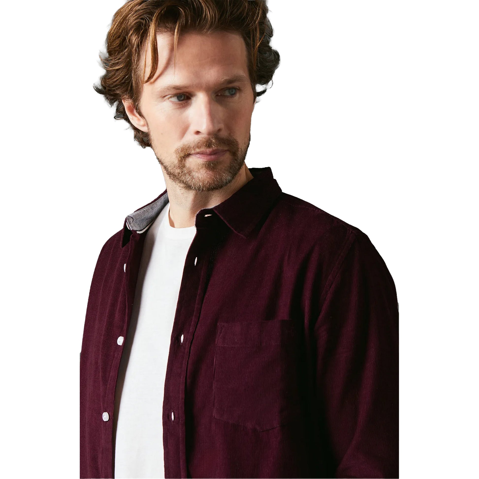 Burgundy - Side - Maine Mens Corduroy Long-Sleeved Shirt