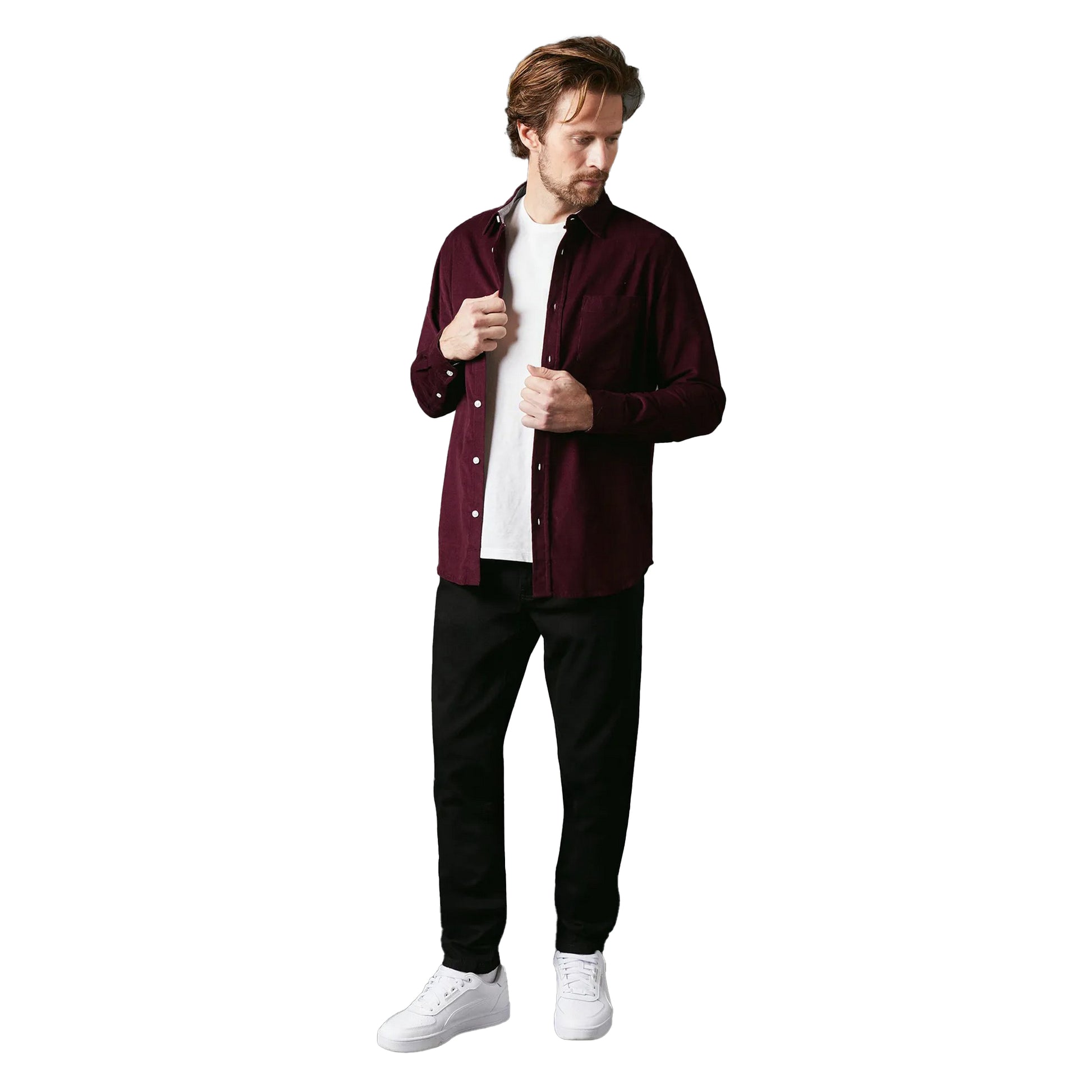 Burgundy - Pack Shot - Maine Mens Corduroy Long-Sleeved Shirt