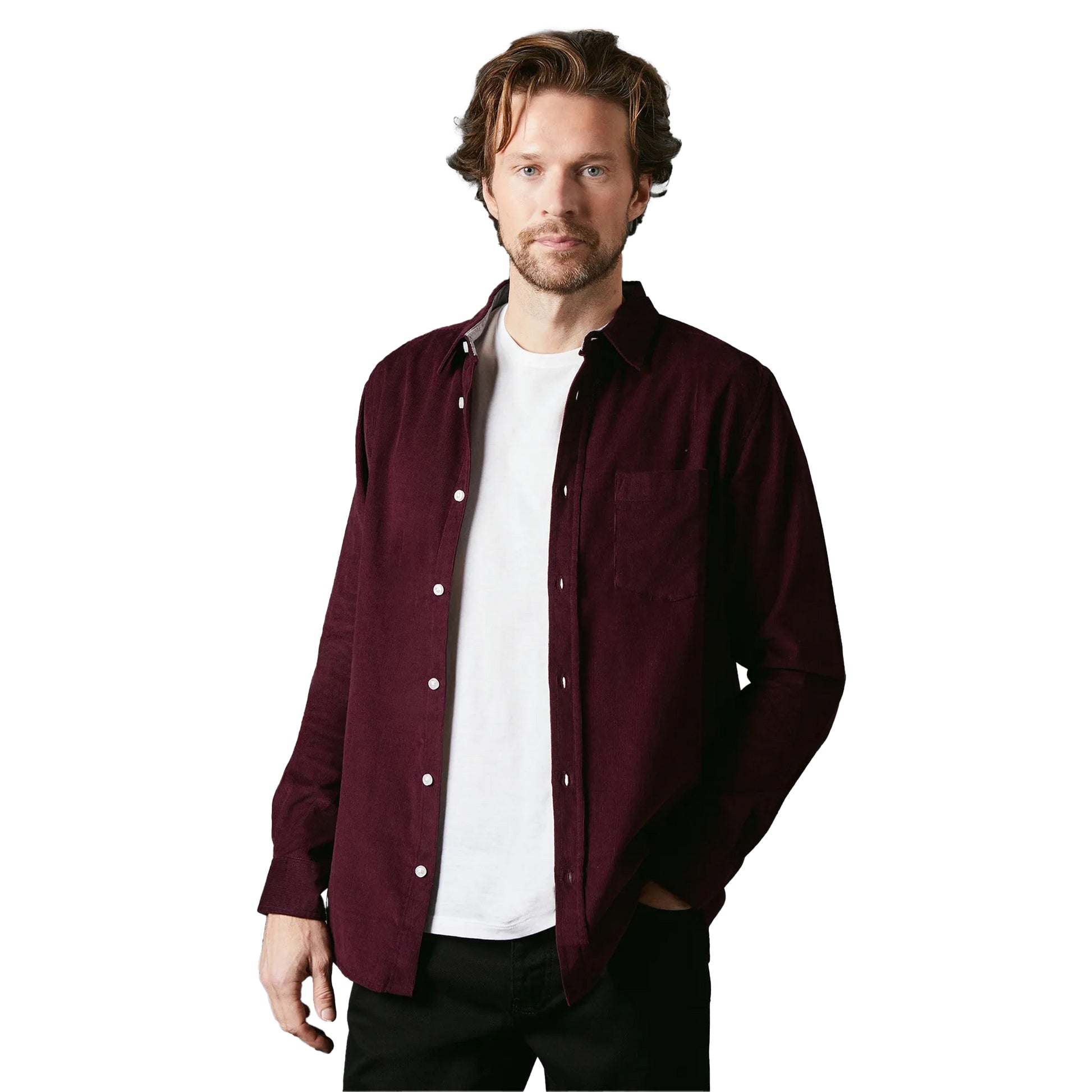 Burgundy - Front - Maine Mens Corduroy Long-Sleeved Shirt