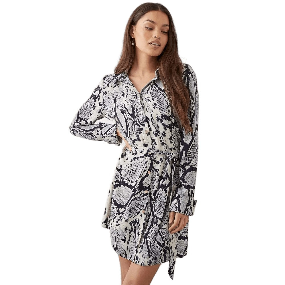 White-Black - Front - Dorothy Perkins Womens-Ladies Snake Print Mini Petite Shirt Dress