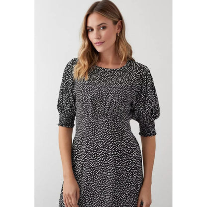 Monochrome - Side - Dorothy Perkins Womens-Ladies Spotted Shirred Cuff Midi Dress