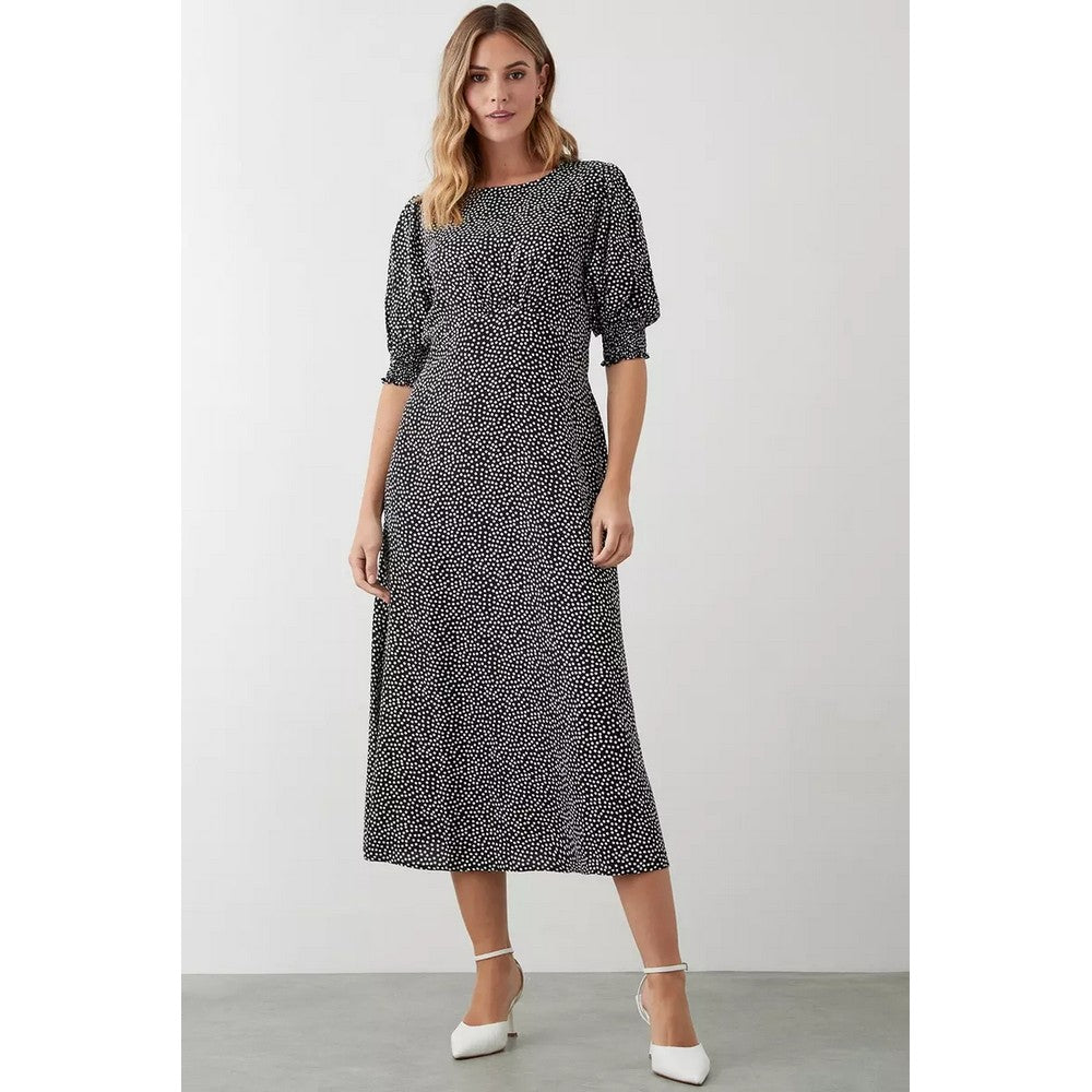 Monochrome - Pack Shot - Dorothy Perkins Womens-Ladies Spotted Shirred Cuff Midi Dress