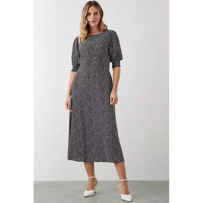 Monochrome - Pack Shot - Dorothy Perkins Womens-Ladies Spotted Shirred Cuff Midi Dress