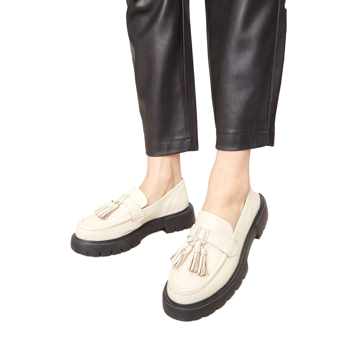 White - Front - Faith Womens-Ladies Lori Tassel Leather Chunky Heel Loafers