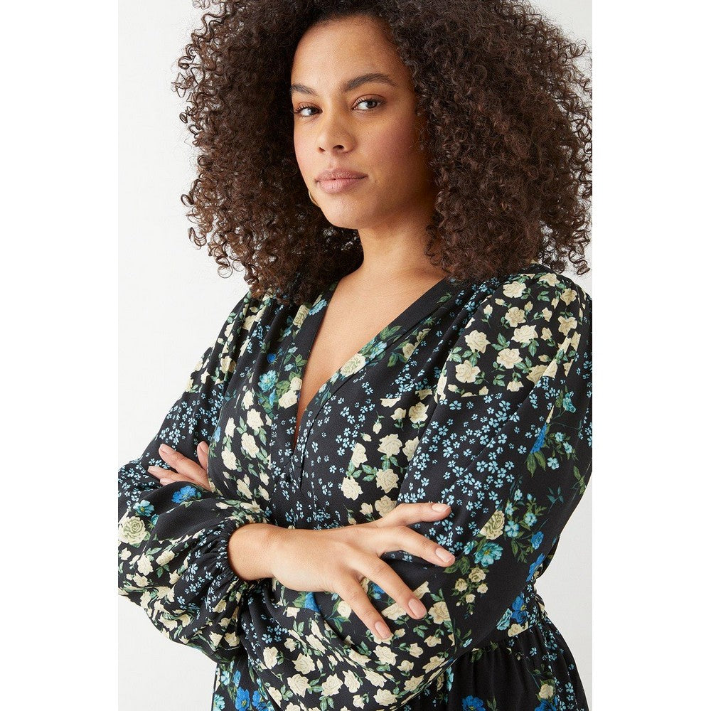 Black-Blue - Side - Dorothy Perkins Womens-Ladies Floral Button Front Plus Empire Midi Dress