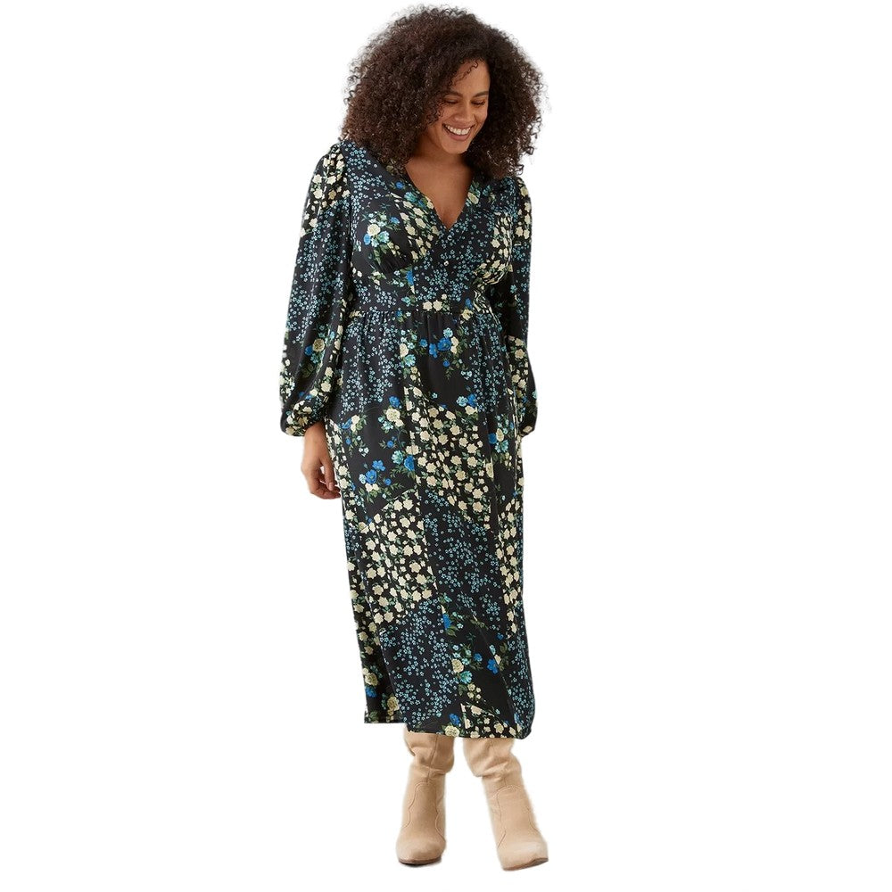 Black-Blue - Front - Dorothy Perkins Womens-Ladies Floral Button Front Plus Empire Midi Dress