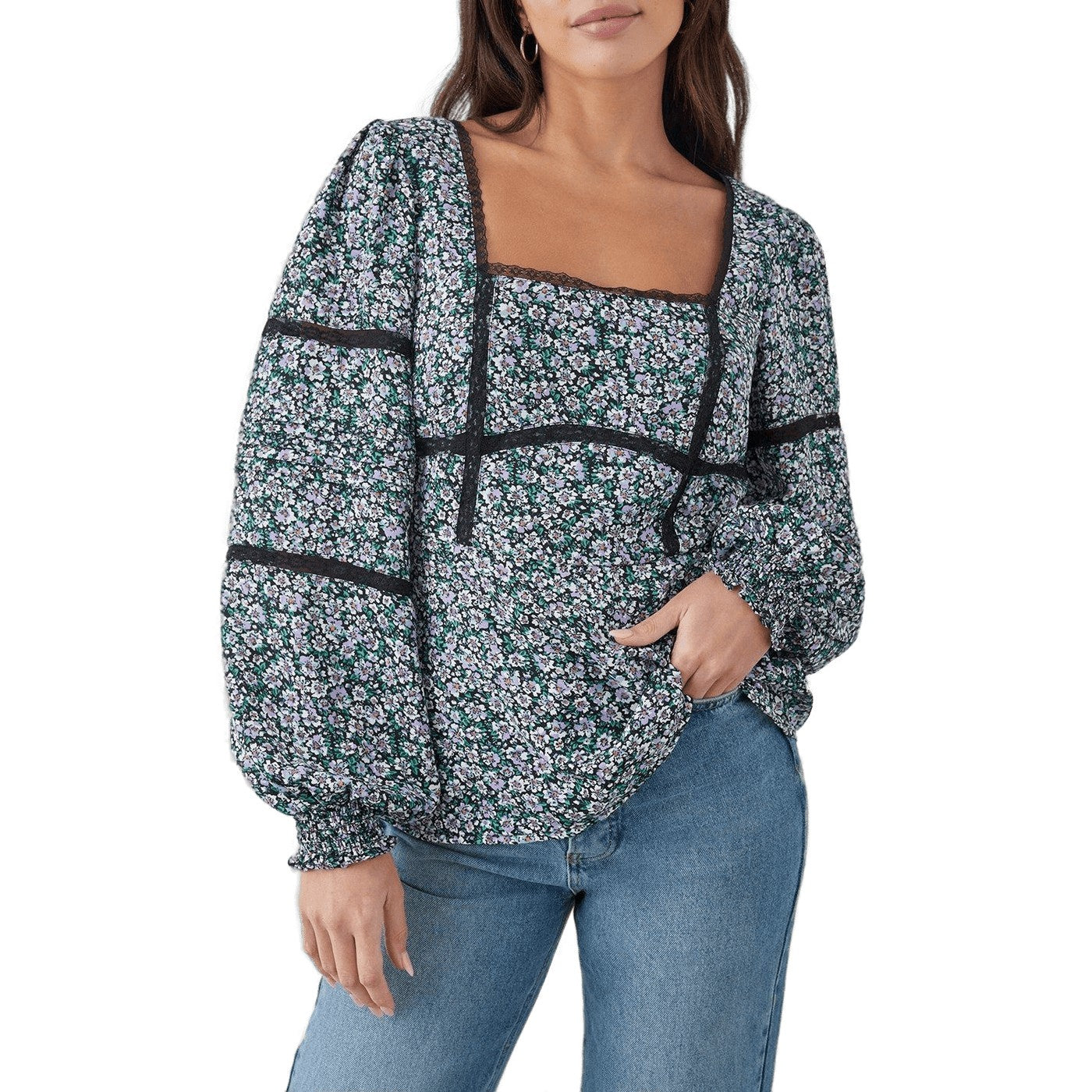 Black - Front - Dorothy Perkins Womens-Ladies Ditsy Print Lace Detail Tall Blouse
