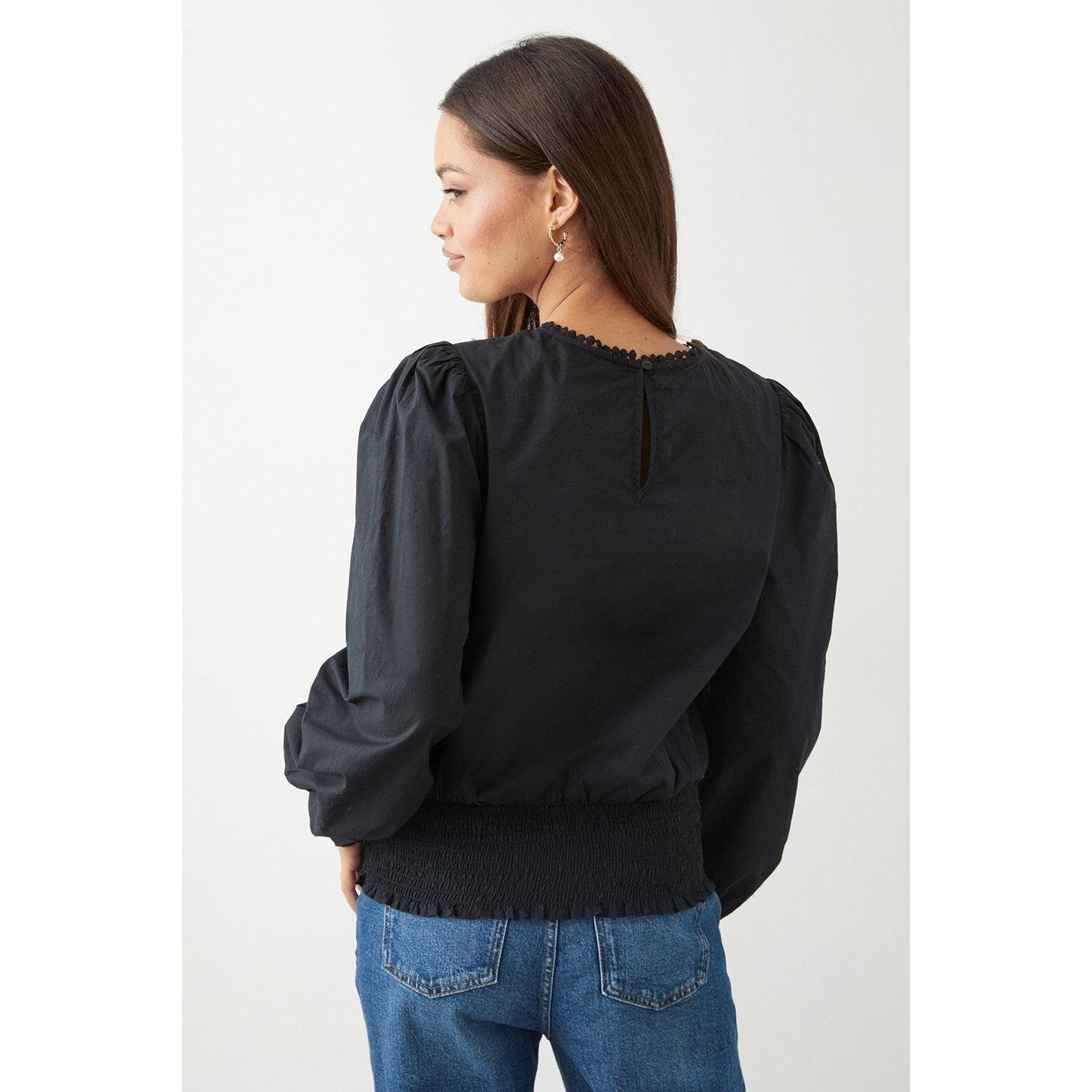 Black - Back - Dorothy Perkins Womens-Ladies Embroidered Shirred Hem Petite Blouse