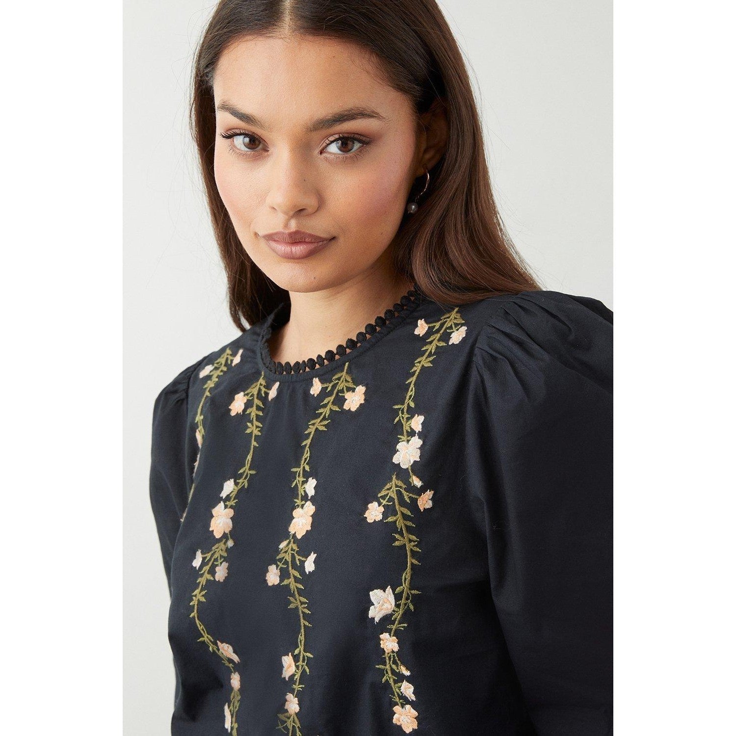 Black - Side - Dorothy Perkins Womens-Ladies Embroidered Shirred Hem Petite Blouse