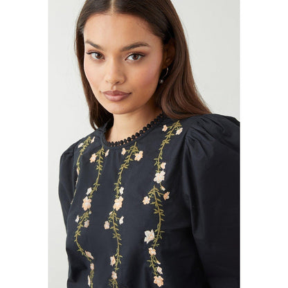 Black - Side - Dorothy Perkins Womens-Ladies Embroidered Shirred Hem Petite Blouse