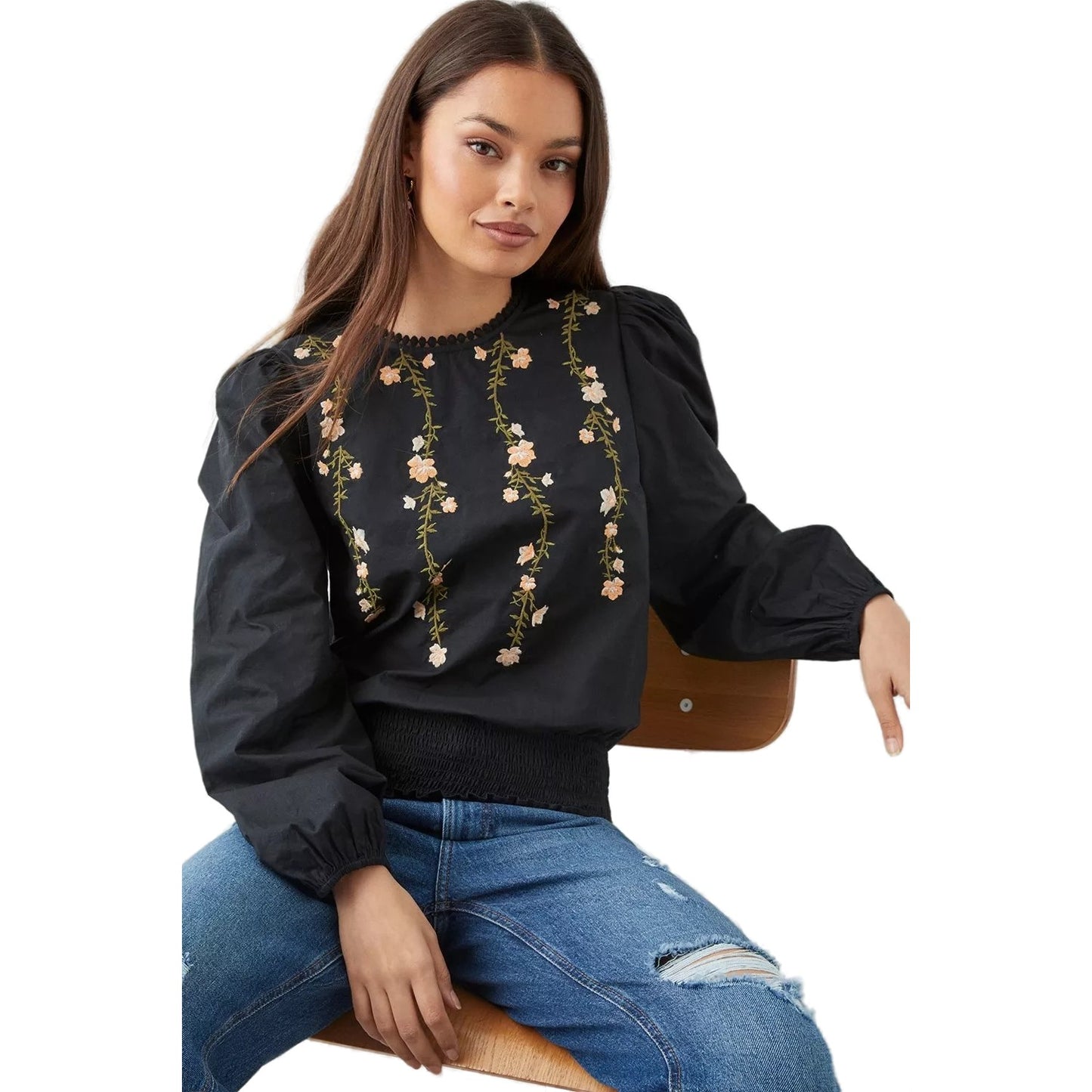 Black - Front - Dorothy Perkins Womens-Ladies Embroidered Shirred Hem Petite Blouse