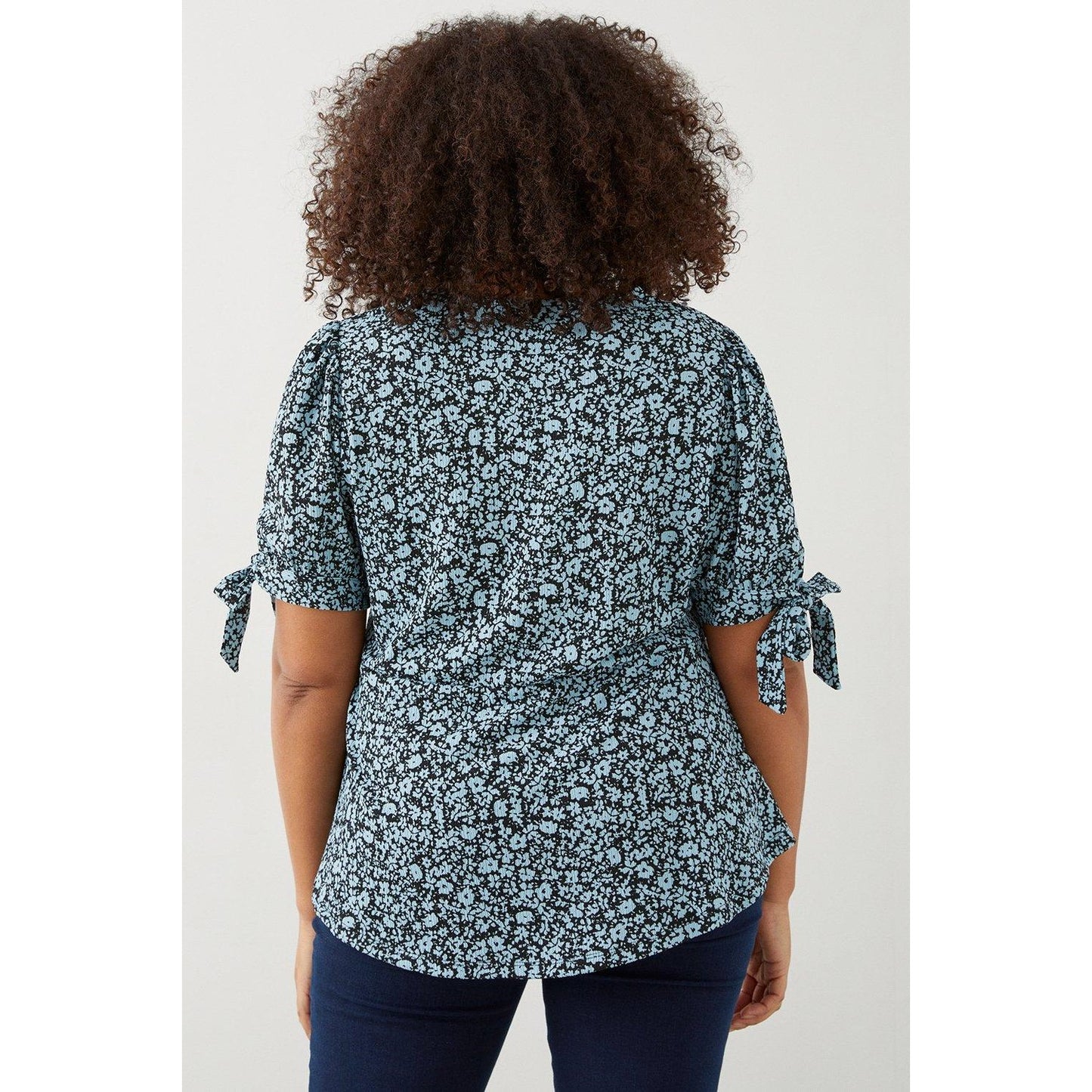Blue - Back - Dorothy Perkins Womens-Ladies Floral Curved Hem Plus Tie Sleeves Top