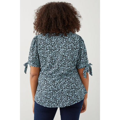 Blue - Back - Dorothy Perkins Womens-Ladies Floral Curved Hem Plus Tie Sleeves Top