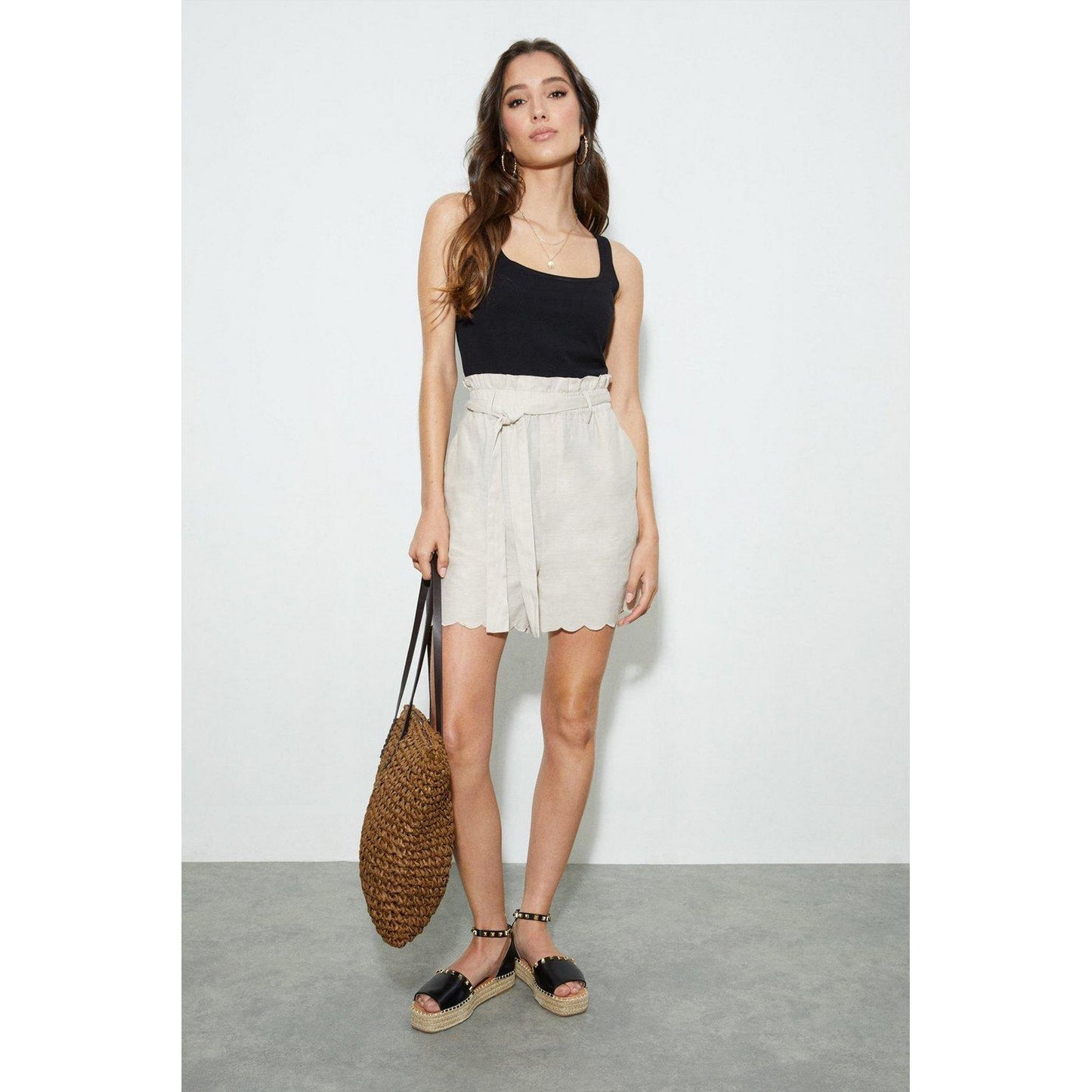 Oatmeal - Lifestyle - Dorothy Perkins Womens-Ladies Scalloped Waist Tie Casual Shorts