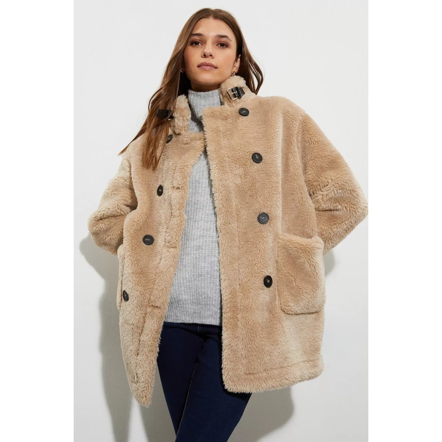 Oatmeal - Pack Shot - Dorothy Perkins Womens-Ladies Faux Fur Double-Breasted Coat