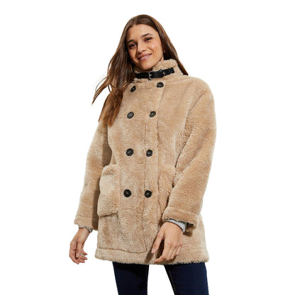 Oatmeal - Front - Dorothy Perkins Womens-Ladies Faux Fur Double-Breasted Coat