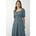 Blue - Pack Shot - Dorothy Perkins Womens-Ladies Ditsy Print Shirred Waist Puffed Midi Dress