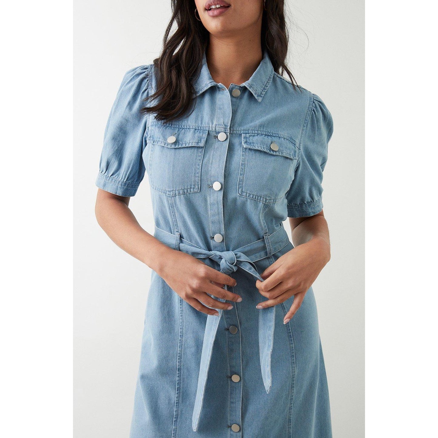 Mid Wash - Side - Dorothy Perkins Womens-Ladies Denim Waist Tie Midi Dress