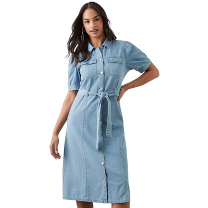Mid Wash - Front - Dorothy Perkins Womens-Ladies Denim Waist Tie Midi Dress