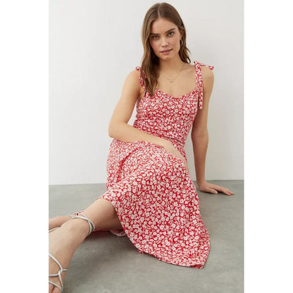 Red - Pack Shot - Dorothy Perkins Womens-Ladies Ditsy Print Tiered Maxi Dress