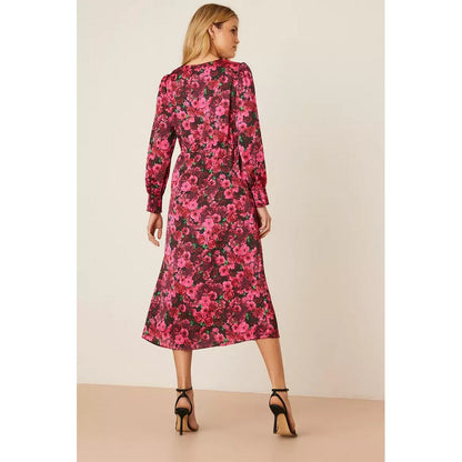 Pink - Back - Dorothy Perkins Womens-Ladies Floral Twisted Knot Front Midi Dress