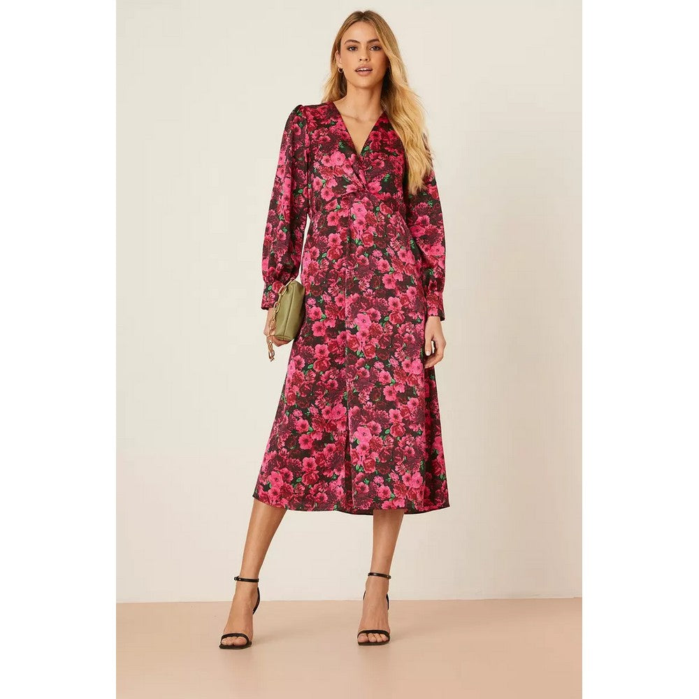 Pink - Pack Shot - Dorothy Perkins Womens-Ladies Floral Twisted Knot Front Midi Dress