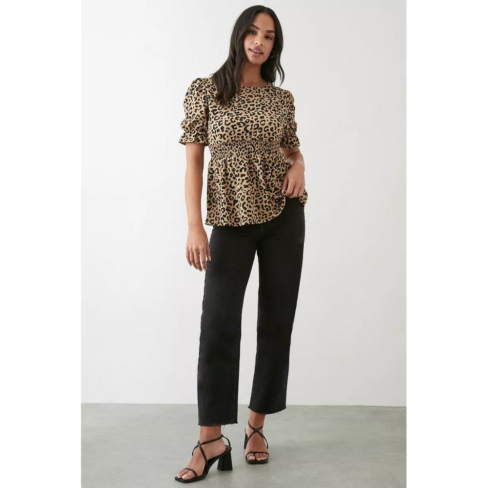 Black-Brown - Pack Shot - Dorothy Perkins Womens-Ladies Crinkle Shirred Waist Puffed Top