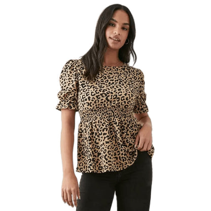 Black-Brown - Front - Dorothy Perkins Womens-Ladies Crinkle Shirred Waist Puffed Top