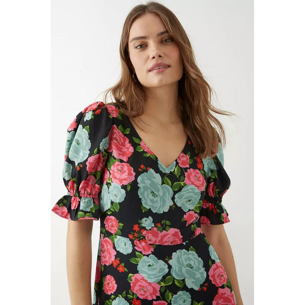Black - Pack Shot - Dorothy Perkins Womens-Ladies Floral V Neck Midi Dress