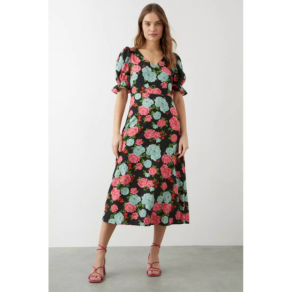 Black - Close up - Dorothy Perkins Womens-Ladies Floral V Neck Midi Dress