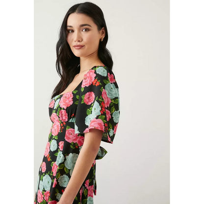 Black - Side - Dorothy Perkins Womens-Ladies Floral Petite Flutter Midi Dress