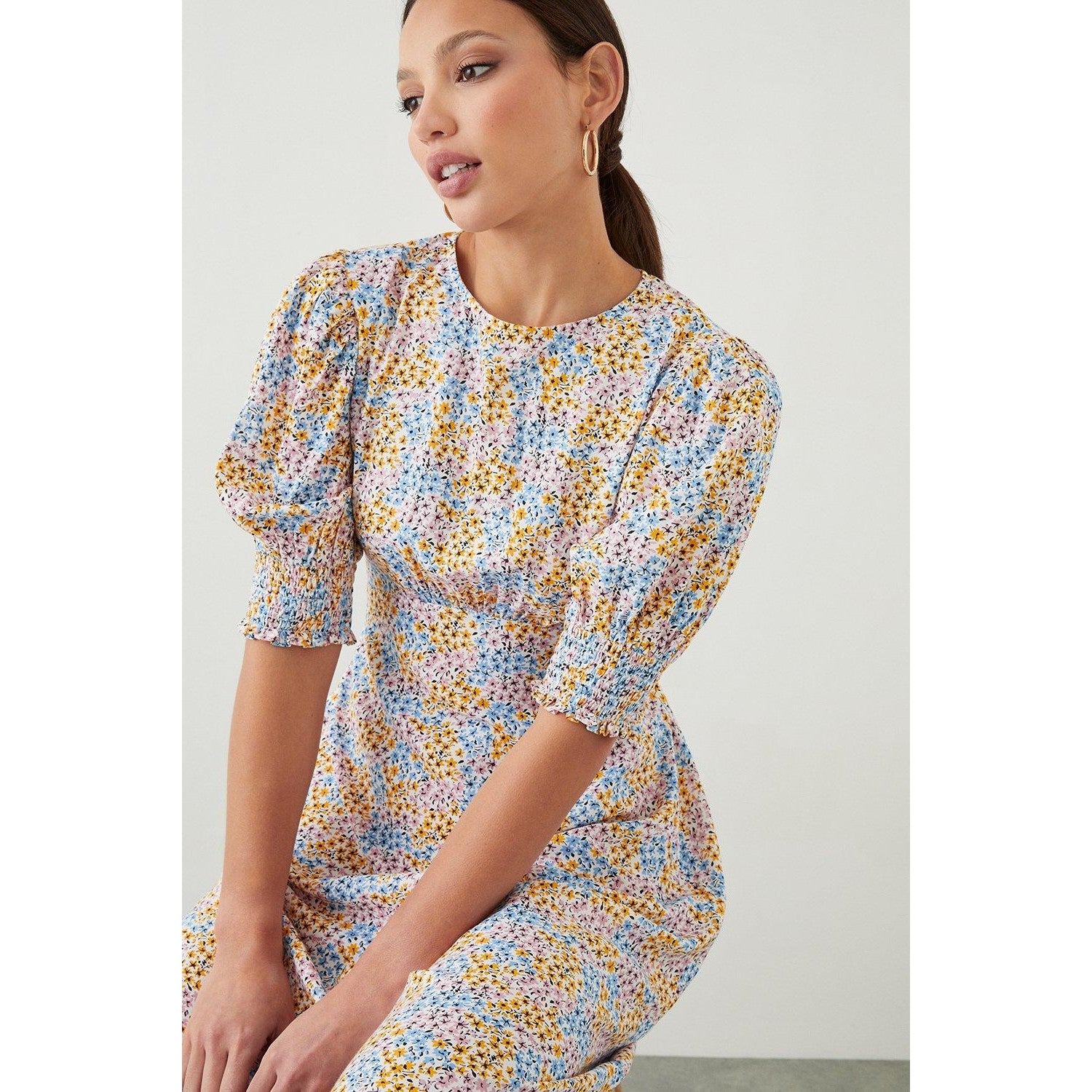 Multicoloured - Side - Dorothy Perkins Womens-Ladies Ditsy Print Shirred Cuff Midi Dress