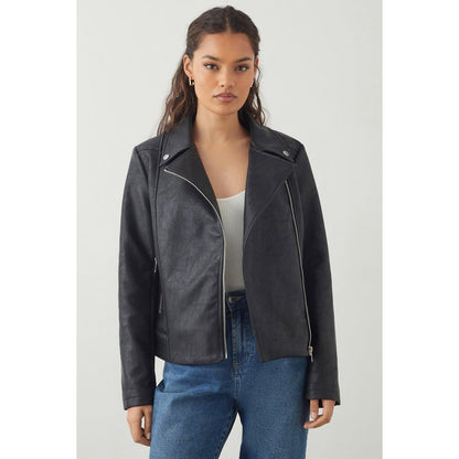 Black - Pack Shot - Dorothy Perkins Womens-Ladies Faux Leather Petite Biker Jacket