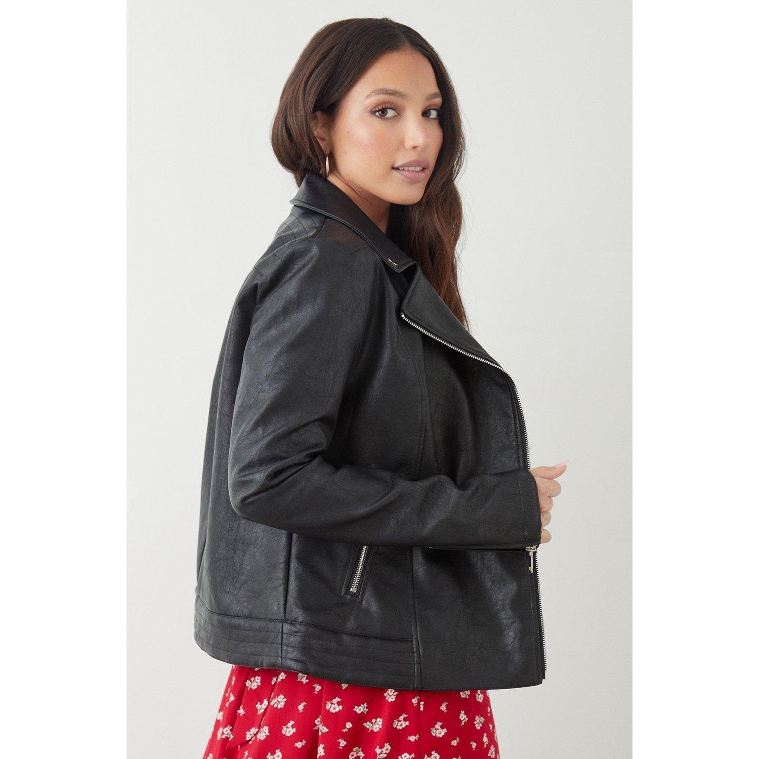 Black - Side - Dorothy Perkins Womens-Ladies Faux Leather Tall Biker Jacket